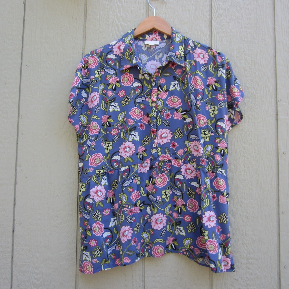 J.Jill Womens Blue Floral Button Up Short Sleeve Viscose Rayon Blouse M 128331